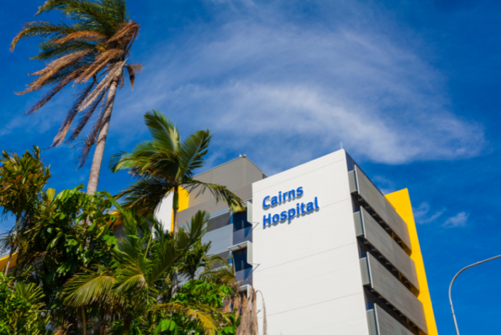 Cairns Hospital with palm trees in the foreground