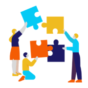 Illustration of three people assembling a jigsaw puzzle